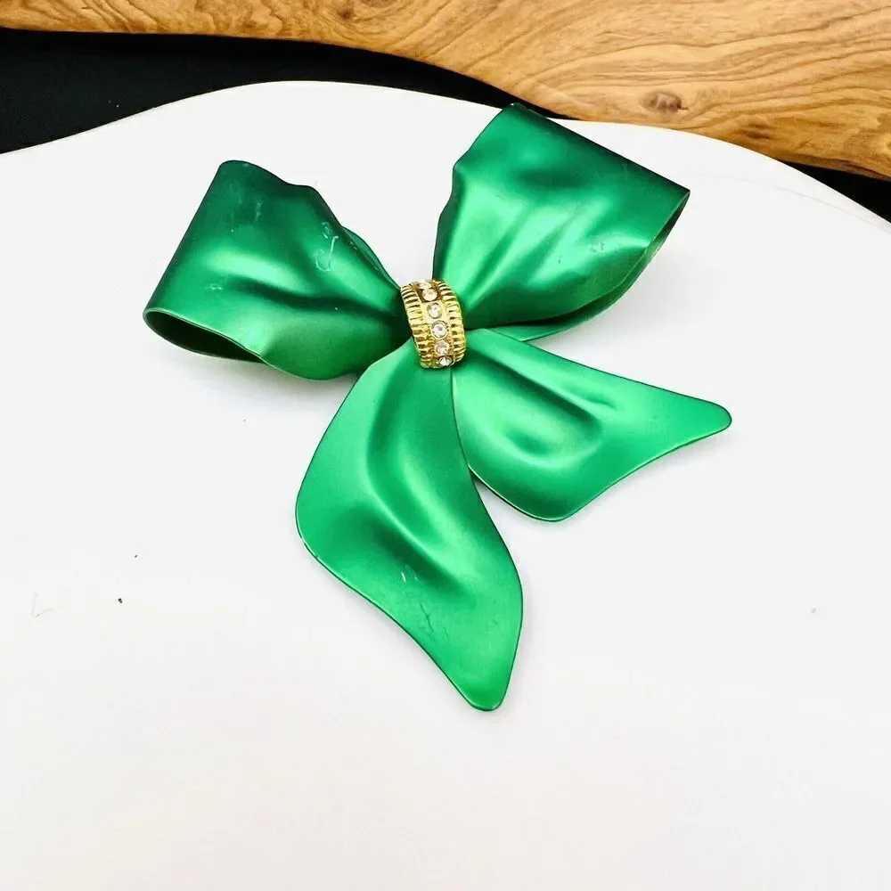 Vintage Green Metalic Satin Bow Ribbon Brooch Crystal Accent Large Matte 1045